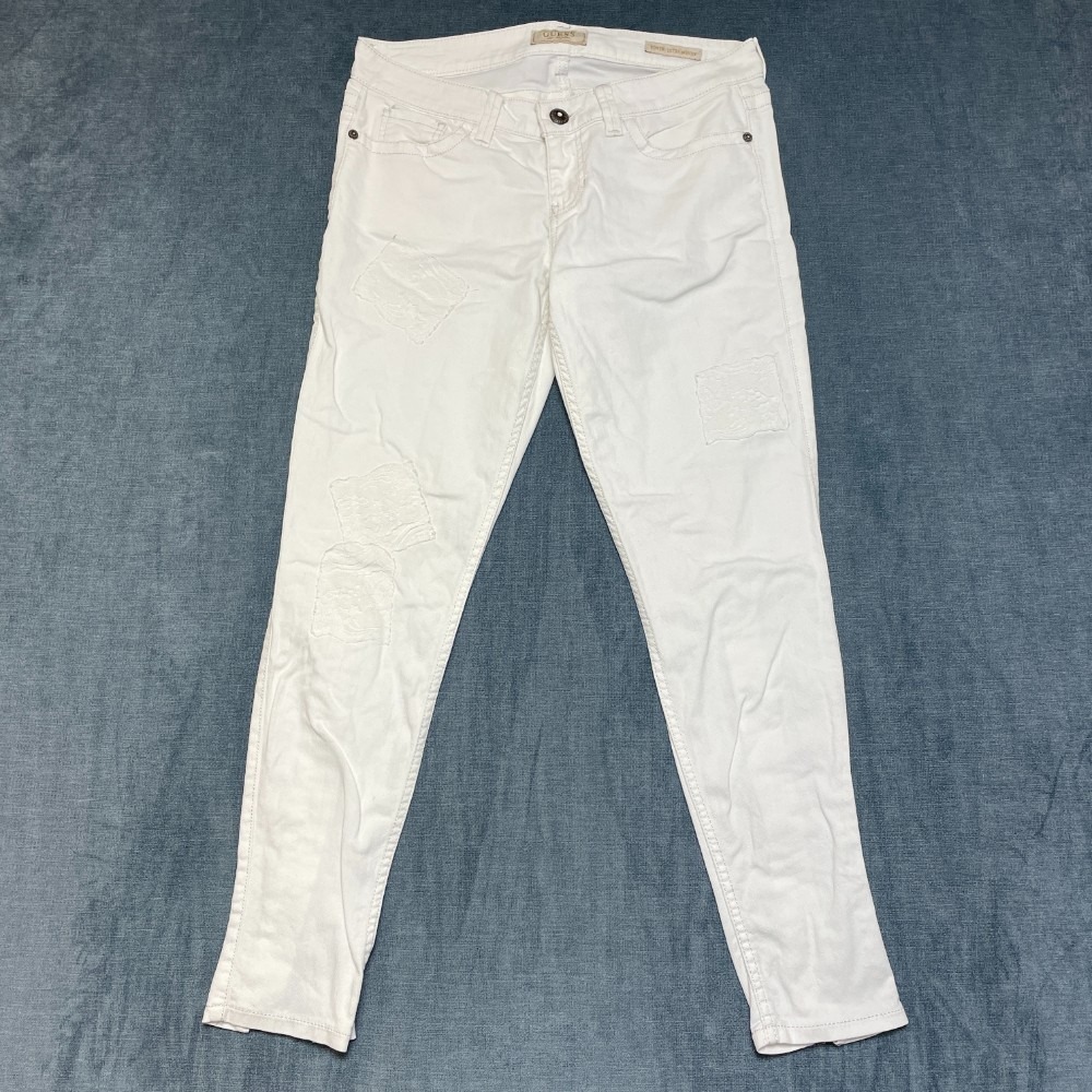 Guess Power Ultra Skinny Jeans Womens 33x29 White Denim Distressed Ankle Zip